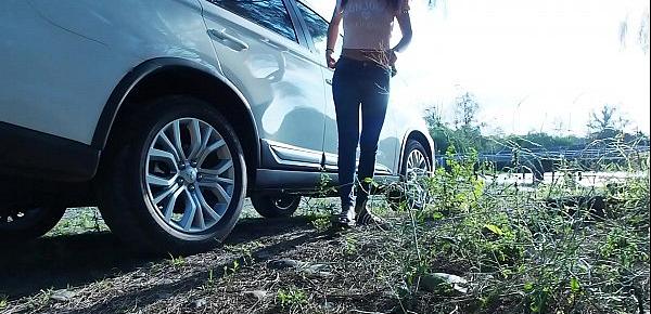  Piss Stop - Urgent Outdoor Roadside Pee and Cock Sucking by Asian Girl Tina in Blue Jeans